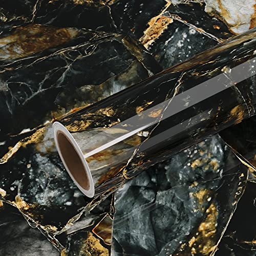 VEELIKE Tapete Marmor Tapete Schwarz Gold Klebefolie Marmoroptik Mamorfolie Selbstklebend Gold Marmortapeten Wand Küchentapete Abwaschbar Küchenrückwand Dekorfolie Wandtapete Badezimmer 40cm×300cm