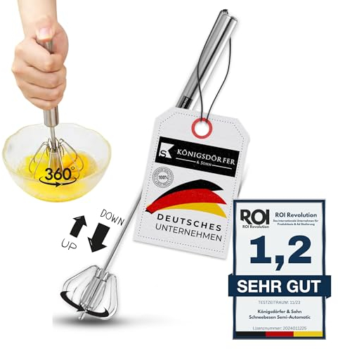 Königsdörfer & Sohn® 360 drehbarer Schneebesen Semi-Automatic, Silikonbesen, Edelstahl Rührbesen, ideal zum Mischen, Eiern, Aufschäumen, Schlagen, Rühren, Rührbesen in Drehbar. Robust und schlagfest.