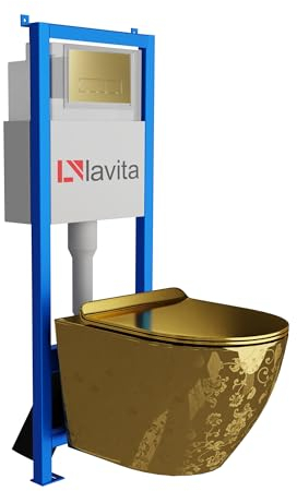 Lavita LAV 101 Sofi Slim Gold Eye Élément mural pour WC 40 cm + évier mural suspendu sans bord + panneau de commande LAV 200.3.5 Gold | Kit complet | Réservoir de chasse encastré | WC complet