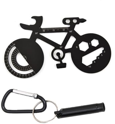 CLKE Outil Multifonction Vélo 7 en 1,Porte Cle Velo avec Siffler,Multitool Velo Compact en Alliage d'Aluminium，Petit Couteau, Rapporteur, Règle Métrique,Ouvre Bouteille Velo（Noir）