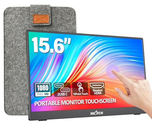 InnoView Portable Monitor Touchscreen 15.6 1080P 10-Point Touch Screen Monitor Portable with Protective Sleeve, 1200:1 HDMI USB C Travel Monitors for Laptop, PC, Phone