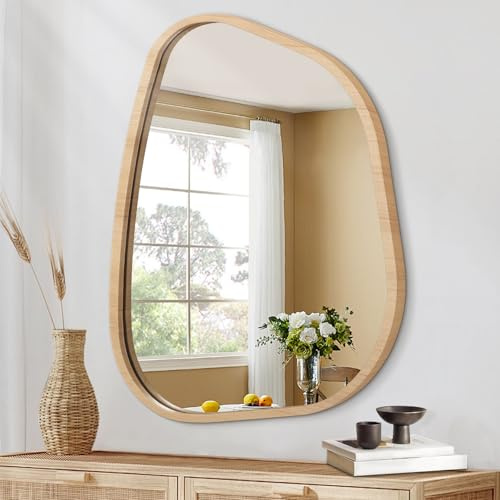HLFMVWE Asymmetrischer Spiegel Unregelmäßiger ovaler Wandspiegel Moderner Holzrahmen Eitelkeits-künstlerischer Spiegel Dekorativ für Wohnzimmer Schlafzimmer Badezimmer Klein 35 x 25CM
