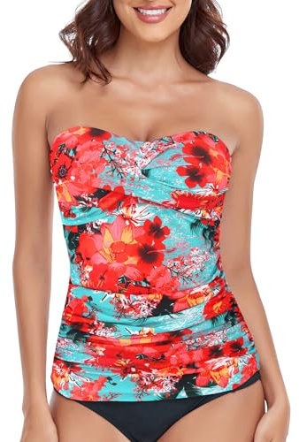 RELLECIGA Women's Blue Floral Ruched Bandeau Tankini Top Swimsuits Size Medium