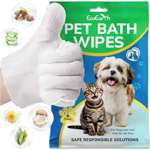 EcoEarth - Premium Pet Wipes for Dogs & Cats - 6 Gloves - Disposable Washing Mitt for Bath & Grooming - Clean Paws, Fur, Face, Ears, Rear & Body - Hypoallergenic, Lick-Safe, Waterless Cleaning