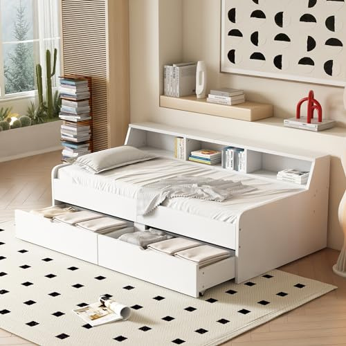 Idemon 90 x 200 cm cama individual con dos cajones con compartimento de almacenamiento, color blanco