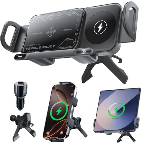 Qoosea Qi 15W Caricatore Wireless Auto, Doppia Bobina Caricabatteria da Auto Senza Fili Supporto Telefono per Bocchette, Porta Ricarica Cellulare Auto per Galaxy Z Fold 6/5/4/3 iPhone 16/15/14 Serie