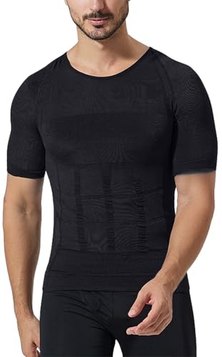 Oheyeseker Camiseta de compresión de manga corta para hombre, moldeador de cuerpo, adelgazante, camiseta de control de abdomen, moldeador, Negro , L