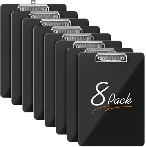 8 Stück Klemmbrett A4, Klemmbretter mit Gummierter Metallklemme, Clipboard Schreibbrett Hochwertige Bürobedarf für Studenten, Büro - Schwarz
