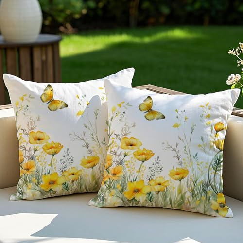 Vorysum 2er Set Outdoor Kissen Gelb Blumen Dekokissen Wetterfest Kissenbezug 50x50 cm Sommer Modern Kissenbezüge für Garten Sofa Couch Wohnzimmer Schlafzimmer Doppelseitiges Muster