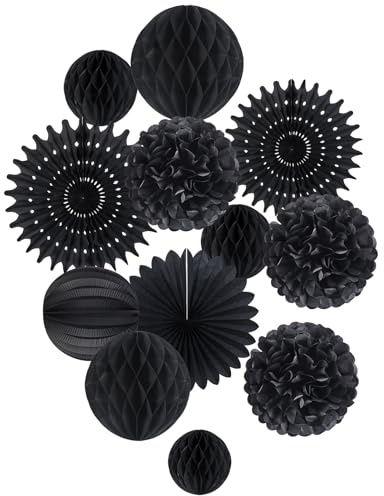 SUNBEAUTY Schwarz Deko Geburtstag Papier Pompons Deko Schwarz Hängende Papierblumen Pompons Lampion Seidenpapier Wabenbälle Deko for Mädchen Jungen Geburtstag, Hochzeit Party