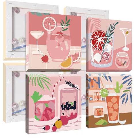 Jawecci 4 Pack Cocktail Framed Paint by Numbers Kit for Adults - Drink Theme Paint by Numbers Kits on Canvas with Accessories for Gifts Home Decor 8X8 Inch