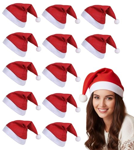 SUVEK 12 Pièces Bonnet de Noël Rouge et Blanc Unisexe pour Adultes | Chapeau Père Noël en Tissu Non Tissé avec Pompon | Accessoire de Déguisement et Décoration pour Fête, Bureau, Réveillon