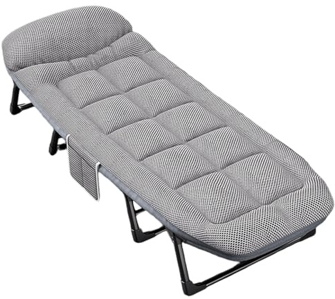 Camping Cots Bed 6 Position Adjustable Folding Camping Cot with Mattress Lounge Chair with Mattress, Comfortable Portable With Side Pocket Thicker Tubes Sleeping Cot for Travel Office Outdoor