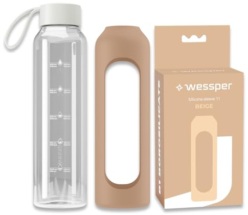 Wessper glasflaska med silikonhölje, borosilikatglasflaska med tidsangivelse 1 liter, sportflaska Idealisk för fitness, skolidrott, barn, BPA-fri drickmotivation – Beige