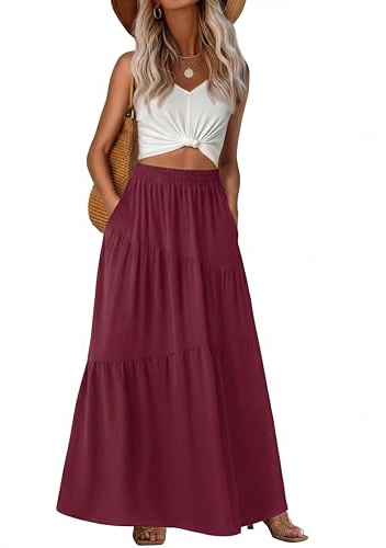 GRECERELLE Dam sommar lång hög midja boho-kjolar dam vardaglig maxi vardaglig elastisk elegant blommig A-linjekjol med fickor för kvinnor UK
