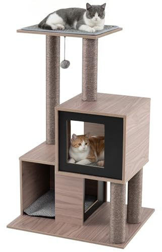COSTWAY Albero per Gatti da Interno, Tiragraffi per Gatti in Legno 94 cm con Tiragraffi in Sisal, Condo, Posatoio, Gioco Appeso, Cuscini Rimovibili e Tappetino, Mobili per Gatti Adulti e Cuccioli