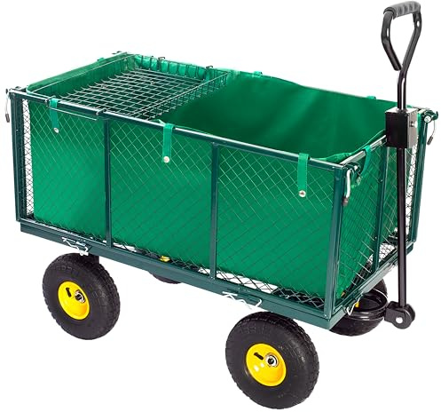 Gartenwagen mit Abnehmbaren Seitenwänden, Handwagen Luftbereifte Profilreifen & Handgriff, Vielseitiger Transportwagen für Garten Ausflüge Rasentraktor Anhänger, Schwerlast bis 550 kg