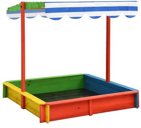 GeenYuu Sabbiera in legno di abete con tetto regolabile UV50, 115 x 115 x 115 cm, multicolore, con panca e protezione solare, resistente alle intemperie, per giardino, terrazza e divertimento