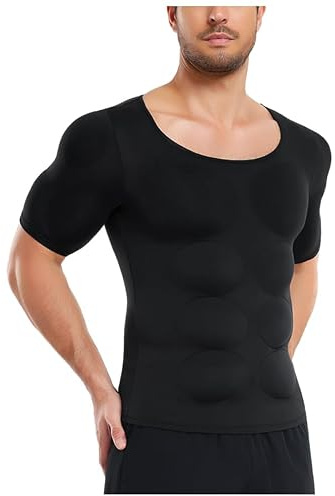 Bslingerie Men's Padded Muscle Compression Tee Shirt, Fake Abs Chest Enhancer, Body Shaper Slimming T-Shirt, Short Sleeve Vest Shapewear