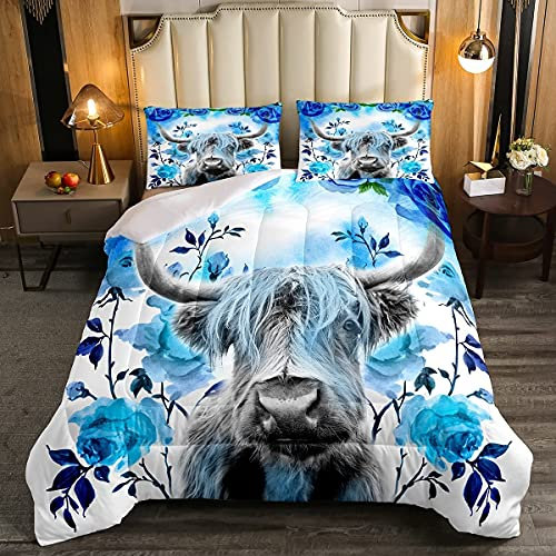 Edredón para niños de Las Tierras Altas Vacas Toro Ganado Infantil con Relleno de Acuarela habitación de Vida Silvestre Granja Vaca, Juego de edredón Acolchado tamaño individua