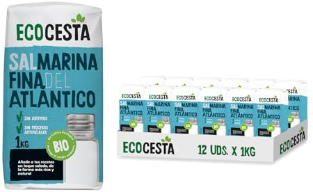ECOCESTA MEJOR CADA DIA - Pack de 12 Unidades de 1 kg de Sal Marina Fina del Atlántico Ecológica - Sin Procesos Artificiales - Apto para Veganos - Óptimo para Aderezar tus Platos