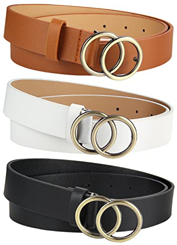 YiliYa 3 Stück Gürtel Damen,Mode Doppel O-Ring Schnalle Gürtel Damen Ledergürtel Vintage und Modisch für Jeans Hosen Kleider(Braun/Weiß/Schwarz)