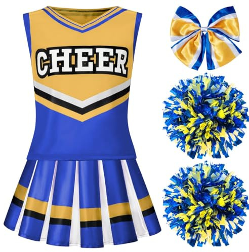 Spooktacular Creations Halloween Girl Cheerleader Costume, Blue Cheer Uniform Set, Cute Cheerleading Outfit with Accessories for Halloween Dress-Up, High School Themed Party