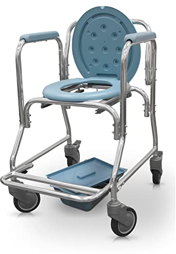QUIRUMED Silla de Aseo con Inodoro, Silla WC con Ruedas, Reposabrazos, con Tapa, Inodoro extraíble, Aluminio, PVC, para Mayores, para minusválidos, hasta 100 kg
