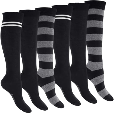 Footstar 6 paia di calze al ginocchio da uomo e da donna a righe, calzini alti al ginocchio fantasia, Nero , 35-38