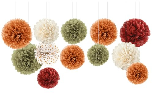 NICROLANDEE Decoraciones de fiesta de otoño, 12 pompones de tela de calabaza, naranja, borgoña, verde salvia, marfil, decoración de Acción de Gracias para el hogar, boda, cumpleaños, suministros de