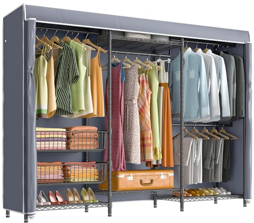 VIPEK V10C Portable Closets Heavy Duty Clothes Rack with Slid Basket, Wardrobe Closet, Black Clothing Rack with Grey Oxford Fabric Cover, Adjustable Closet Storage Rack 70.1 Lx17.3 Wx76.4 H