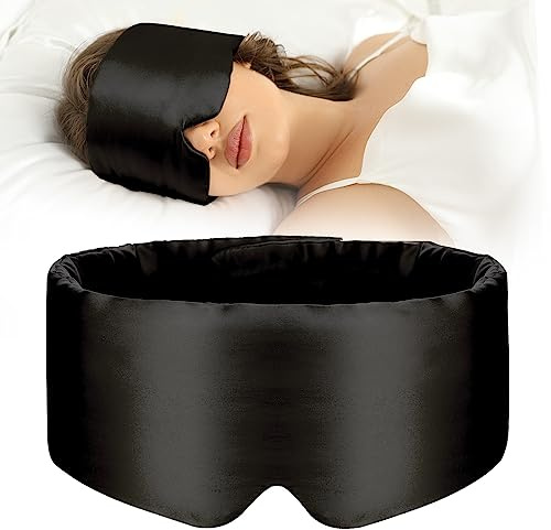 SECZIPE 100% Mulberry Silk Sleep Mask Eye Mask for Women Man with Adjustable Band, for Side Sleeper Blackout Sleep Mask for Travel Rest and Office Large Size (Black)