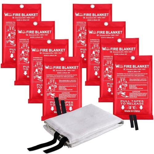 Couverture Anti feu de Survie - Couverture Anti-feu en Fibre de Verre d'urgence pour la Survie Protection Ignifuge et Isolation Thermique 1m x 1m Applicable à Cuisine Barbecue Voiture - 8 Pack