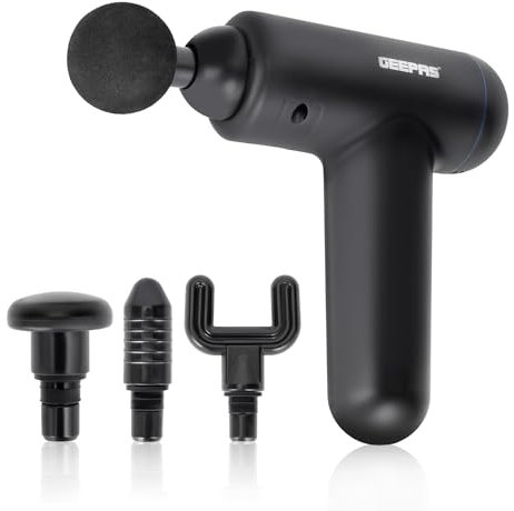 Geepas Massage Gun | Rechargeable 4-in-1 Cordless Handheld Muscle Massager with 4 Massage Heads & 6 Speeds | 1200mAh Battery & Type-C Charging Super | Portable, Quiet Massage Gun