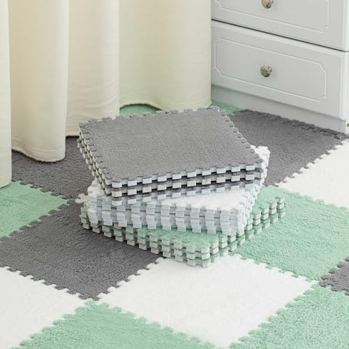 Amylove 36 Pack Plush Foam Floor Mat Square Interlocking Carpet Tiles with Border Fluffy Play Mat Floor Tiles Soft Climbing Rugs for Bedroom Playroom, 12 x 12 x 0.4 in(White, Gray, Mint Green)