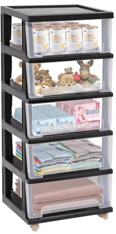 Schubladenschrank mit 5 Schubladen und Rollen, Aufbewahrungsturm aus Kunststoff Bürocontainer rollbar Kommode Organizer, Aufbewahrungssystem für Küche Bad Wohnzimmer Büro (Schwarz)