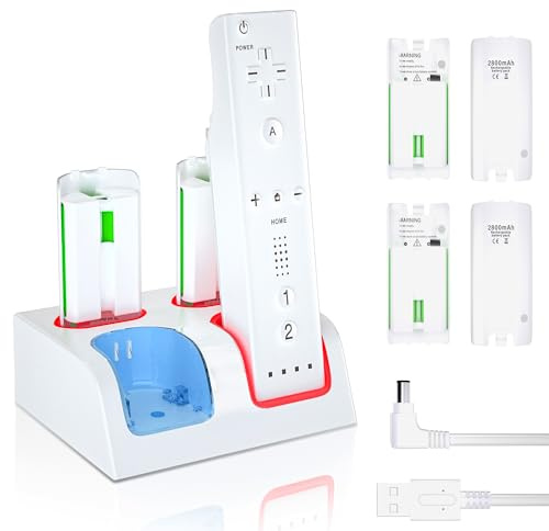 Wii Controller Charger and Rechargeable Battery - 4 Pack 2800mAh Wii Remote Battery Pack Rechargeable and Charging Station with USB Cable
