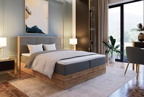 Marlux-Meble Boxspringbett 180x200 mit Matratze und Bettgestell - Polsterbett 180x200 mit Bett Kopfteil Matratzen Topper und Bettkasten (Leoni II, Grau)