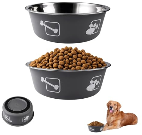 2 Pièces Gamelle INOX Chien Grande 1560ml, 20cm Gamelles Chiens avec Base Antidérapante en Silicone, antibactérien Facile à Nettoyer, pour Grands Chiens Moyens et Autres Animaux de Compagnie (Gris)
