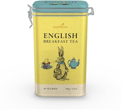 Charbrew Rabbit English Breakfast Metal Tea Tin Caddy Gift – 60 Teabags Black Tea Blend