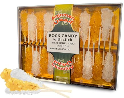 Anjoman Rock Candy Sticks - Pack of 1 x 20 Sticks | Natural White & Saffron Sugar Crystal | Aromatic Nabat Chobi for Sweetening Beverages, Desserts & Ready to Eat Delicious Snack