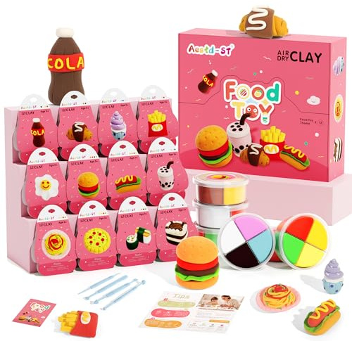 Aestd-ST Air Dry Clay Kit - Food Toy Theme, Modeling Clay for Kids | DIY Magic Clay with Tools and Tutorials, 12 Boxes Molding Clay, Ultra Light, Soft & Non-Sticky, Arts and Crafts Gift for Kids