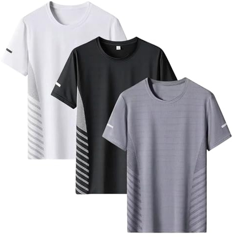 JiaYouLC 3 Pack T Shirts for Men UK Multipack Crew Neck Quick Dry Sport Tops Breathable Wicking Tshirts for Running Athletic Gym Workout (UK, Alpha, 3XL, Regular, Regular, Black-White-Grey)