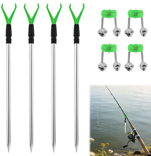 WDKXCN Fishing Rod Holder Set, 4PCS Bank Sticks Adjustable Extending Rod Rest Fishing Accessories with 4 Bells, rod Rests Fishing Telescopic R-od Stand Pod Set for Bank Sea Lake River Anglers
