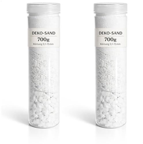 com-four® 2X Dekosand weiß je 700 g - Bastelsand mit Körnung 0,1-15 mm - Farbsand für Windlichter, Glasvasen und Tischdeko - Dekosand für Basteln und Dekoration