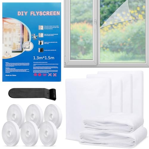 6 Pcs Fly Screens for Window, Window Netting for Insects 130x150cm, Window Net, with 6 Rolls Self-Adhesive with Velcro and Other Accessories, Protect Your Family from Insects (White)
