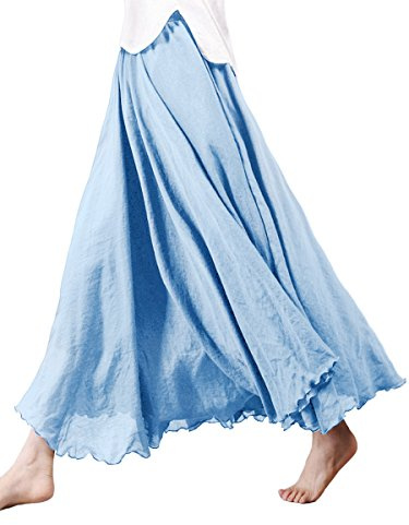 Camilife Jupe Longue en Coton et Lin pour Femme Fille Jupe Maxi Taille élastique Double Couche pour Taille XS-M 85cm Uni Bleu Clair