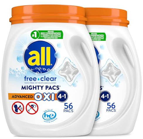 all Mighty Pacs Laundry Detergent with OXI Stain Removers and Whiteners, Free Clear, 56 Count, Pack of 2, 112 Total Loads
