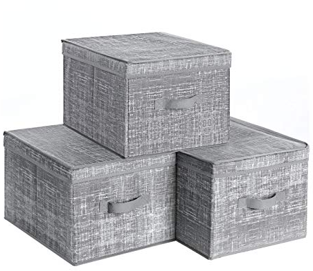 SONGMICS Set of 3 Foldable Storage Boxes with Lids, Fabric Cubes with Label Holders, Storage Bins Organiser, 30 x 40 x 25 cm, Heather Grey RYFB03LG