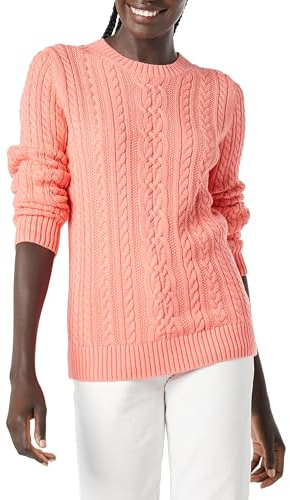 Amazon Essentials Women's Fisherman Cable Knit Long-Sleeve Crewneck Jumper (Available in Plus Size), Coral Pink, XL